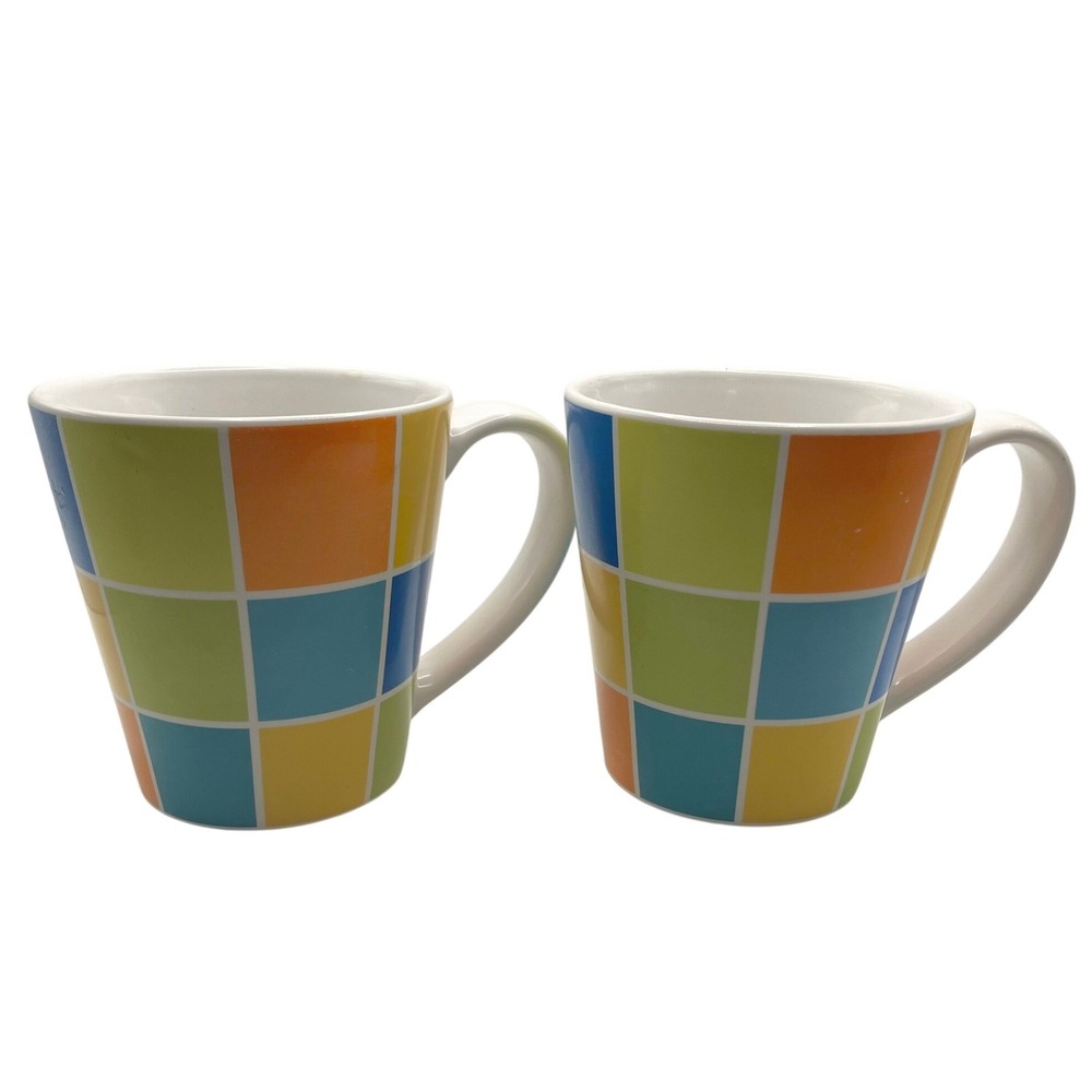 Crate & Barrel Coffee Mugs Set of 2 Multicolor Geometric‎ Grid Stoneware